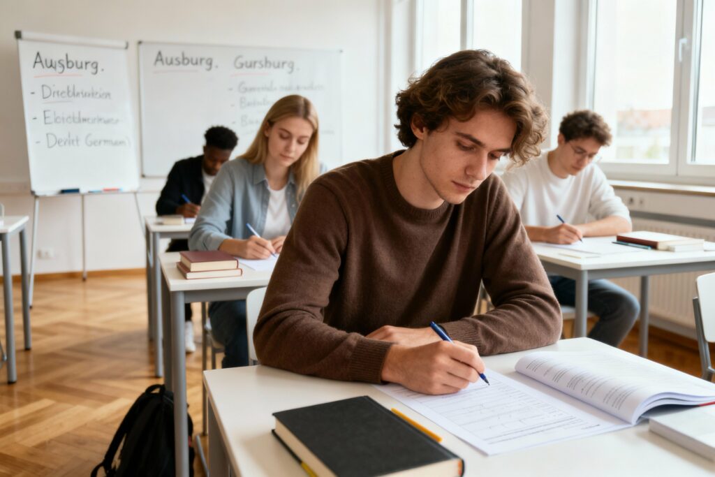 Schülerinnen und Schüler sitzen an Tischen in einem Klassenzimmer des Cäsar Sprachinstituts und schreiben einen telc Deutsch A1 Test. Auf den Whiteboards im Hintergrund sind Listen mit deutschen Städtenamen wie Augsburg und dazugehörigen Vokabeln zu sehen.