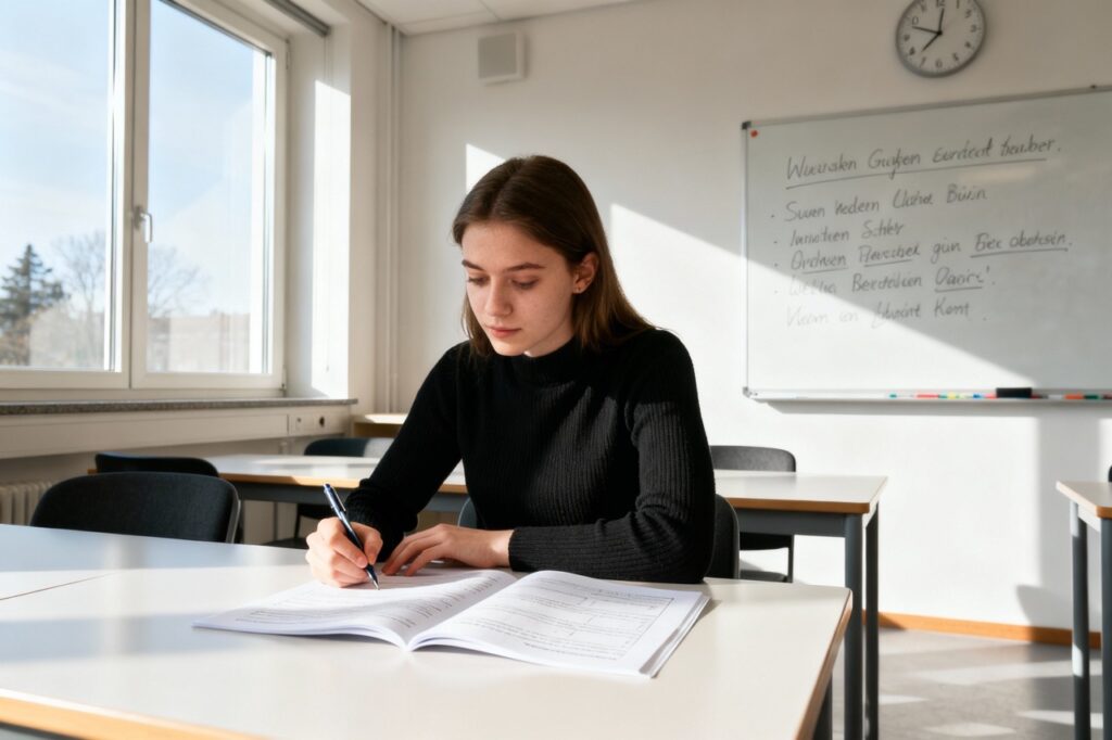 Eine junge Frau sitzt allein an einem Schreibtisch in einem Klassenzimmer und bereitet sich auf ihre A2 Deutschprüfung vor. Das Sonnenlicht fällt durch die Fenster, und hinter ihr ist eine Tafel mit Schrift zu sehen.