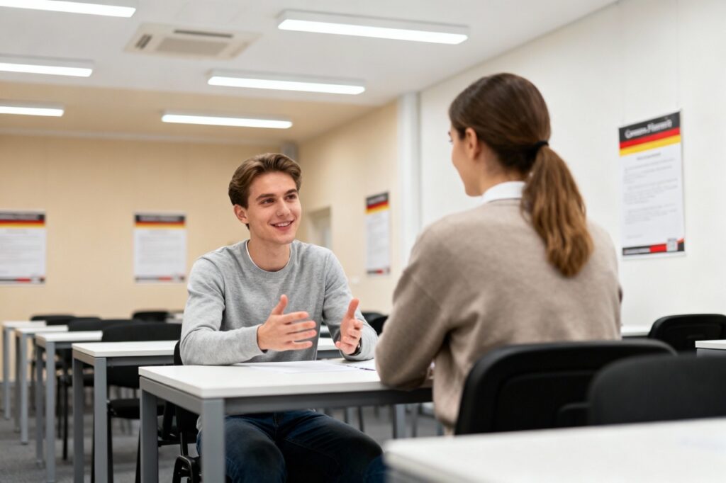 Zwei Personen sitzen sich in einem Klassenzimmer gegenüber und unterhalten sich über die telc Deutsch A2 Prüfung, im Hintergrund leere Tische und Poster an den Wänden.