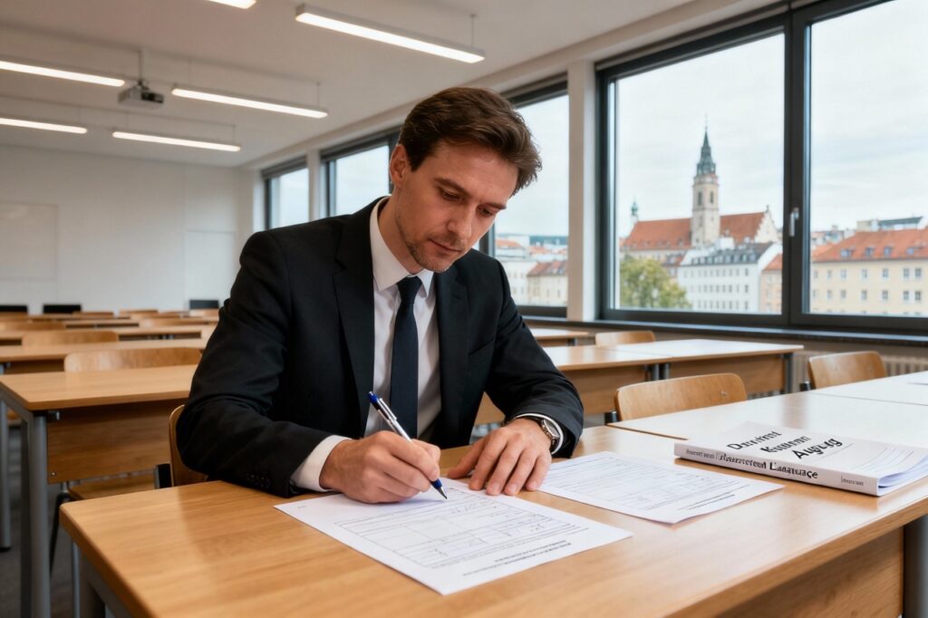 Ein Mann im Anzug sitzt allein in einem Klassenzimmer des Caesar Sprachinstituts in Augsburg und füllt an einem Schreibtisch telc Deutsch B2 aus. Im Hintergrund sind Bücher und große Fenster mit Blick auf die Gebäude der Stadt zu sehen.