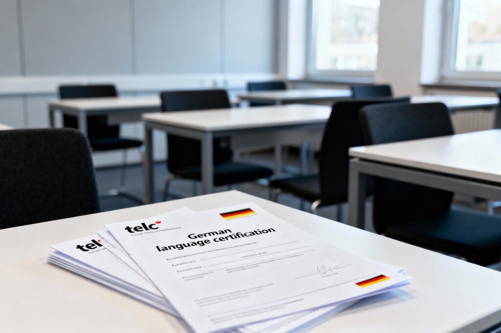 In einem leeren Augsburger Klassenzimmer mit mehreren Stühlen und Tischen liegt ein Stapel telc Deutsch B2 Zertifikate des Cäsar Sprachinstituts auf dem Schreibtisch.